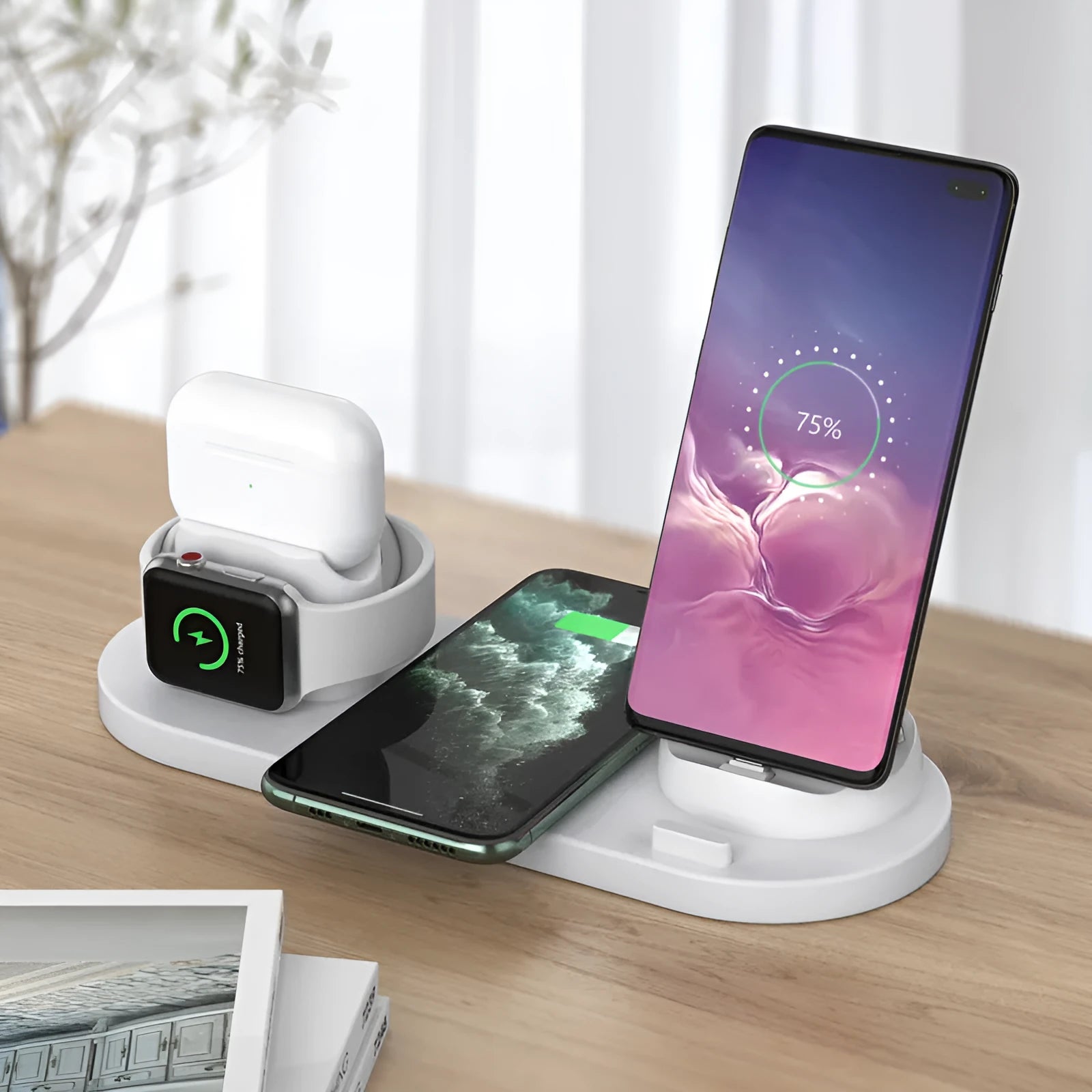 Black 6-in-1 wireless charging station organising a phone, Apple Watch and AirPods on a desk