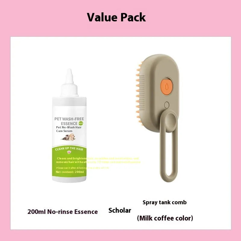 Dog grooming spray massage comb kit with wash-free essence bottle, shown in khaki colour.