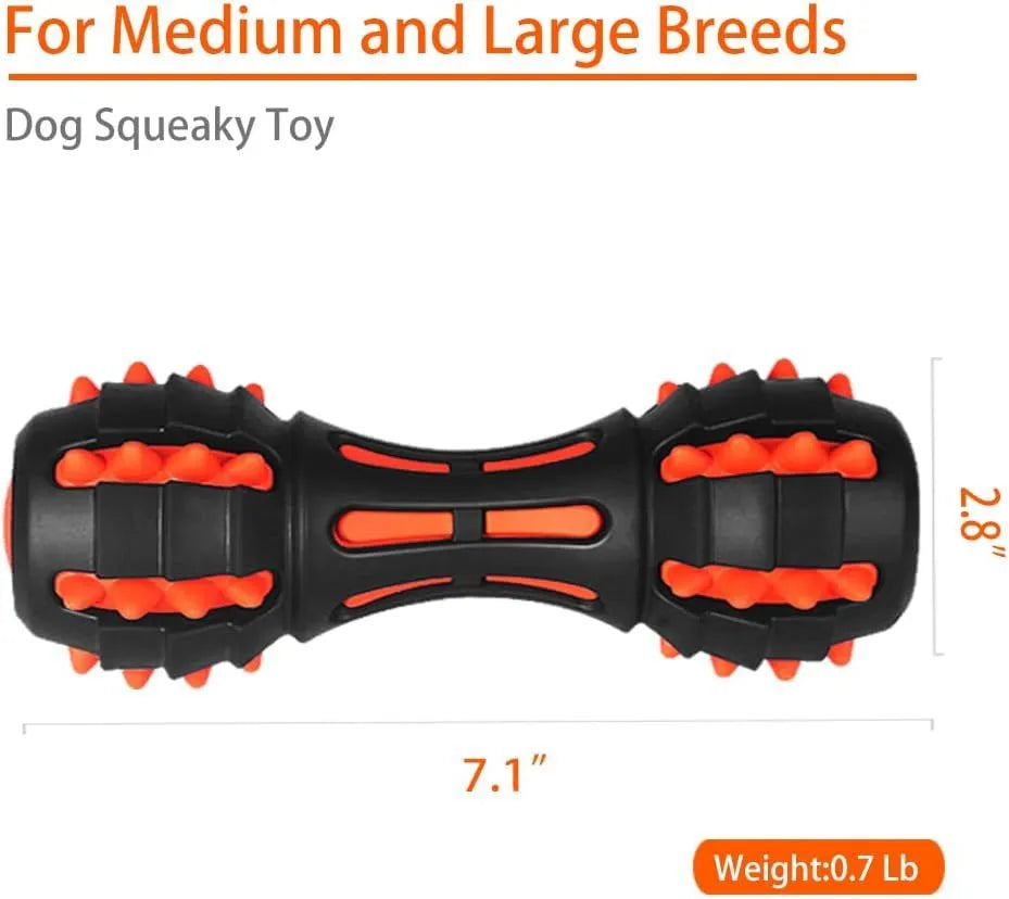 Red rubber dumbbell-shaped dog chew toy for aggressive chewers with natural rubber construction