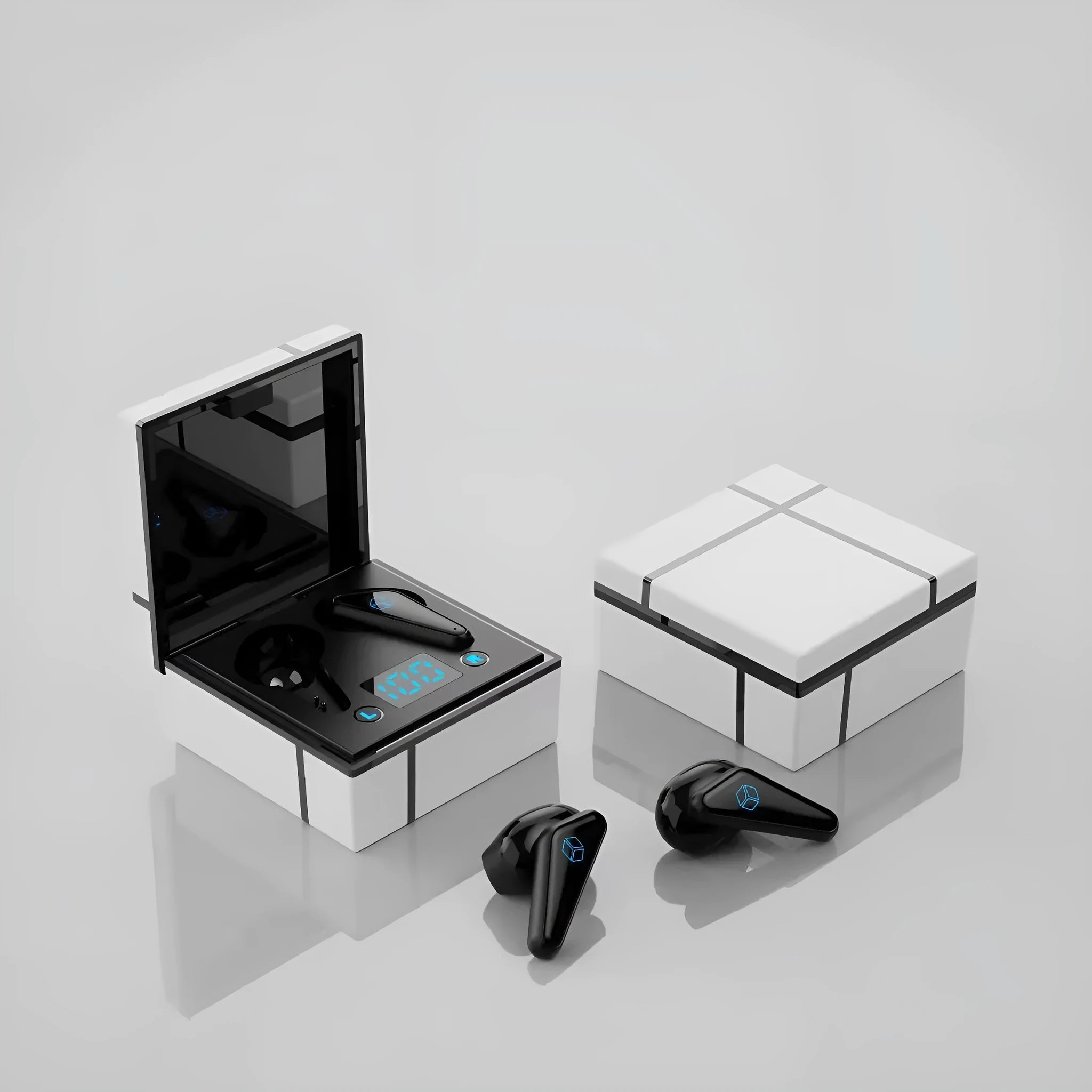 Blue and white Bluetooth gaming headset with digital display and in-ear design.