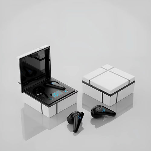 Blue and white Bluetooth gaming headset with digital display and in-ear design.