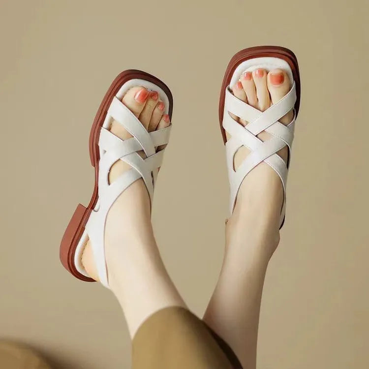 Women's patent leather square toe beach sandals in three colours with low heel design