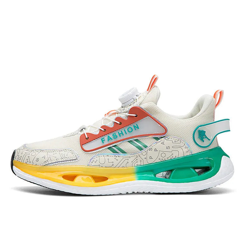 Men's low-top mesh sports shoes in beige orange with elastic band closure and textured TPU sole.