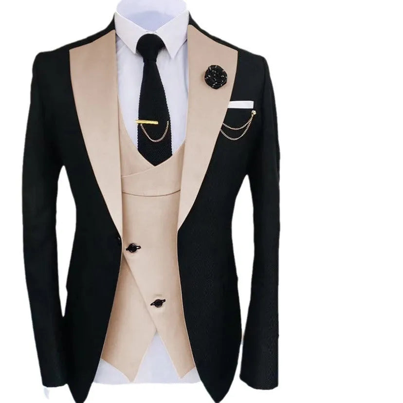 Men's slim fit three-piece business suit in black with vest coat and trousers for formal occasions
