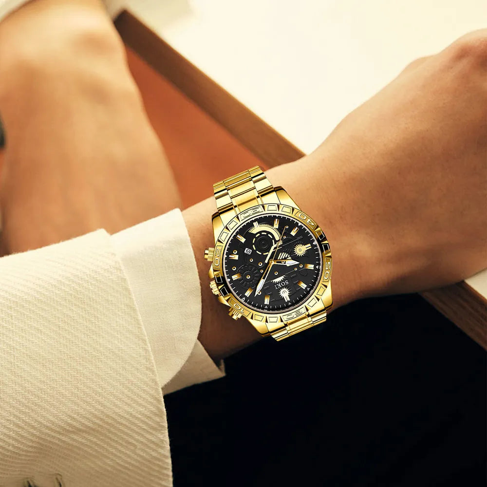 Men's gold business watch with stainless steel strap and calendar display