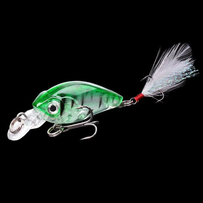 Lure Rock Little Fat Man 4.5cm feather fishing lure with 3D eyes and reinforced hook, five colour options on white background
