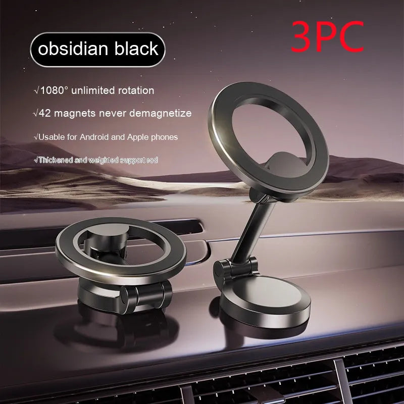 All-metal magnetic car phone mount with foldable design on vehicle dashboard