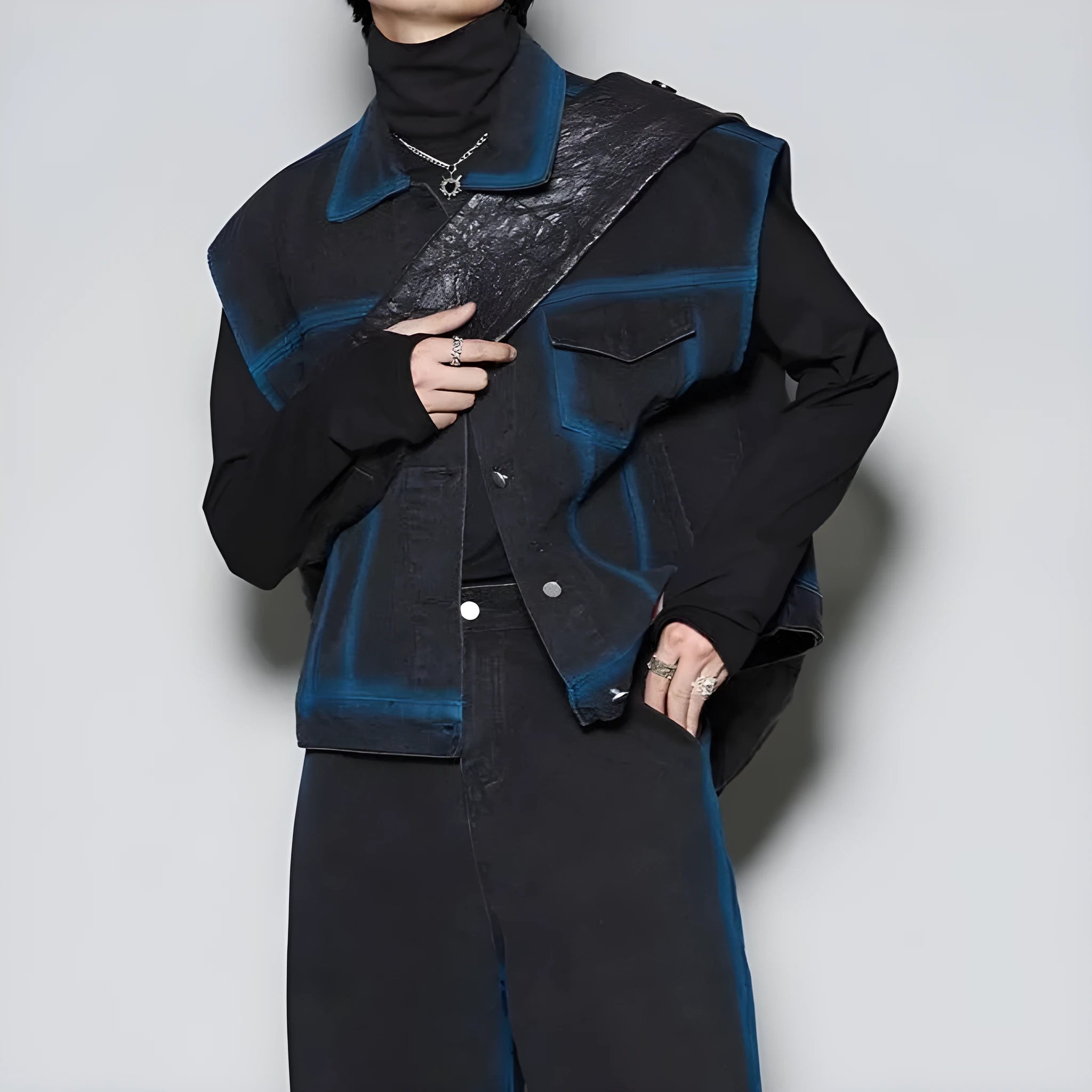 Distressed blue jeans and sleeveless vest two-piece set with spray colour gradient finish and fleece lining