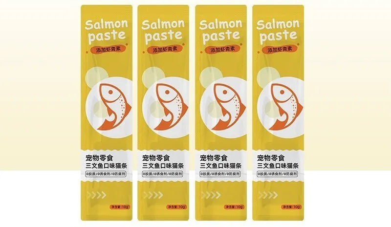 Packet of 10 multi-flavour cat strip snacks for kittens.