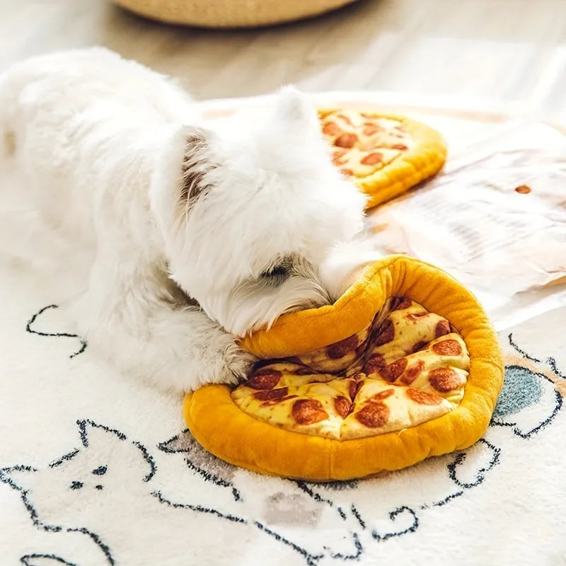 Yellow teddy bear dog chew toy holding a pizza slice with a squeaker inside.