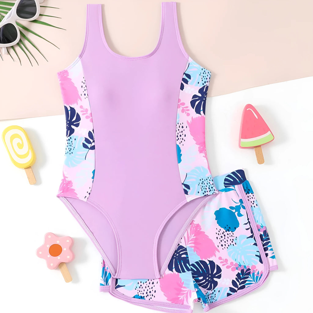 Girls' two piece swimsuit set with one piece and boxer shorts in blue, purple, and rose red, sizes 130 to 160, polyester fabric
