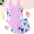 Girls' two piece swimsuit set with one piece and boxer shorts in blue, purple, and rose red, sizes 130 to 160, polyester fabric