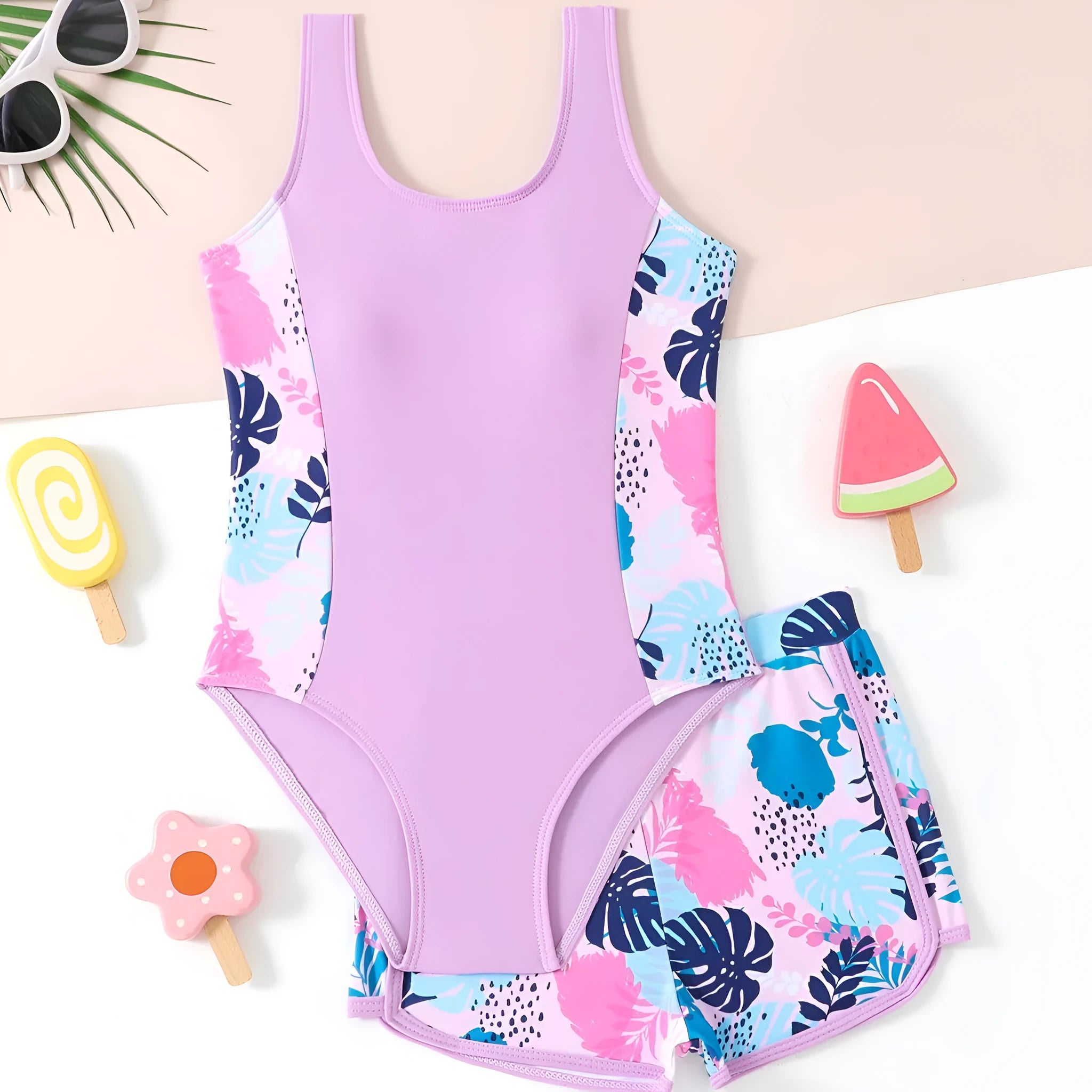 Girls' two piece swimsuit set with one piece and boxer shorts in blue, purple, and rose red, sizes 130 to 160, polyester fabric