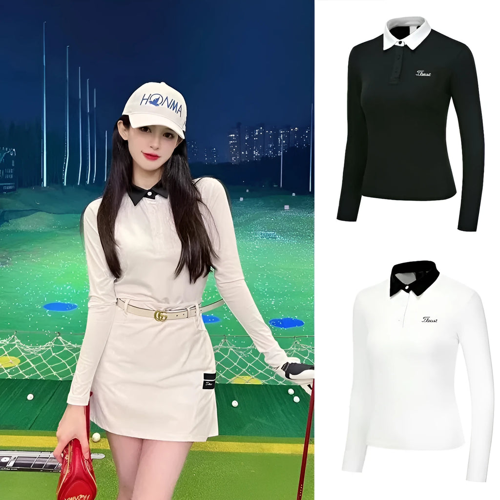 Women's slim-fit long sleeve golf top in black, made from breathable polyester fabric.