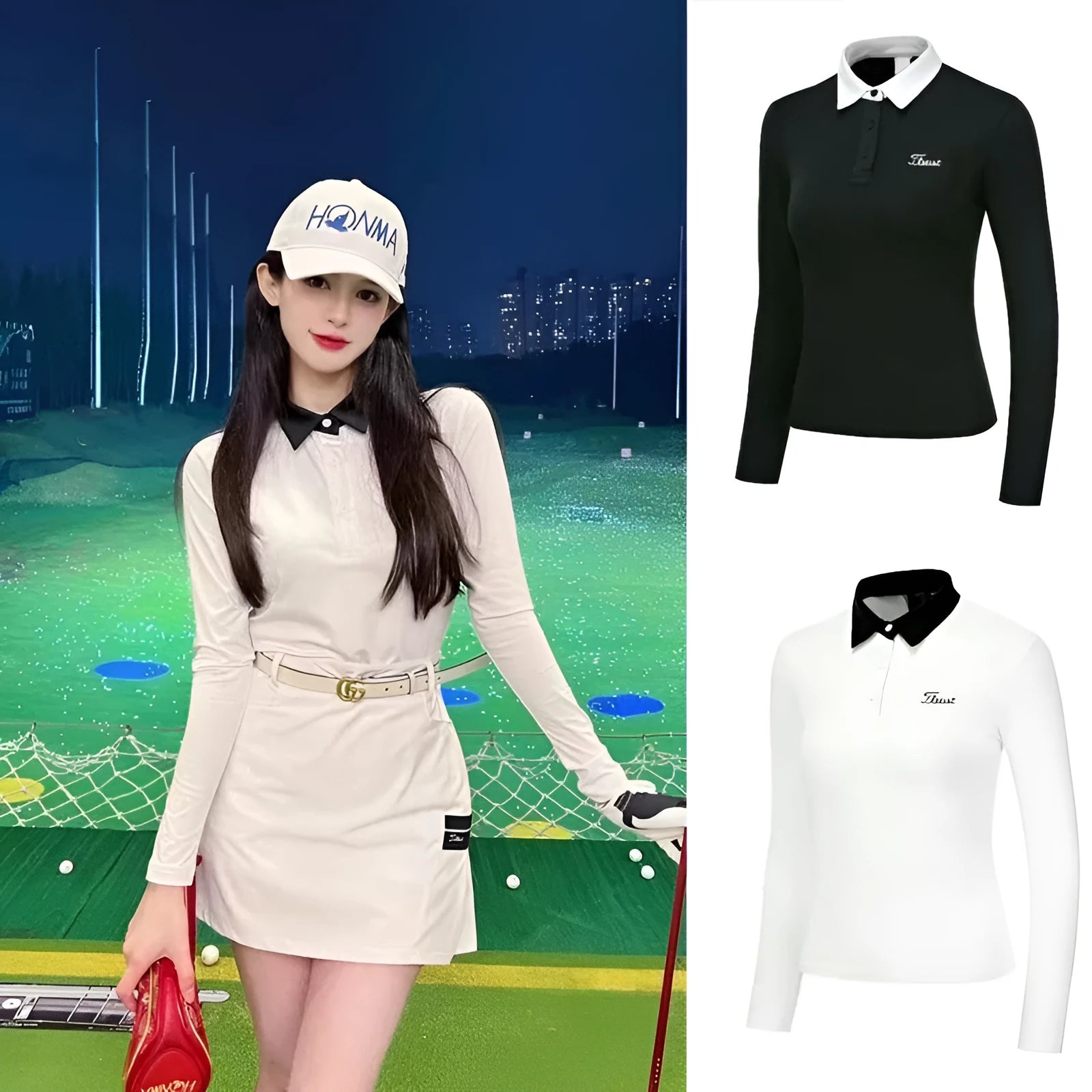 Women's slim-fit long sleeve golf top in black, made from breathable polyester fabric.