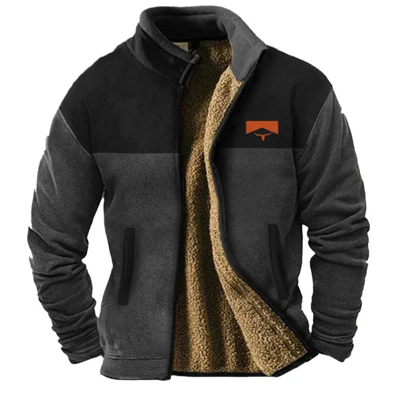 Men's blue polyester padded fleece-lined coat on a hanger, regular fit