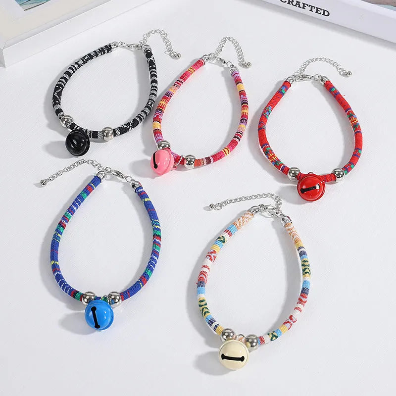 Ethnic-style adjustable pet collar with bell decoration in multiple colour options