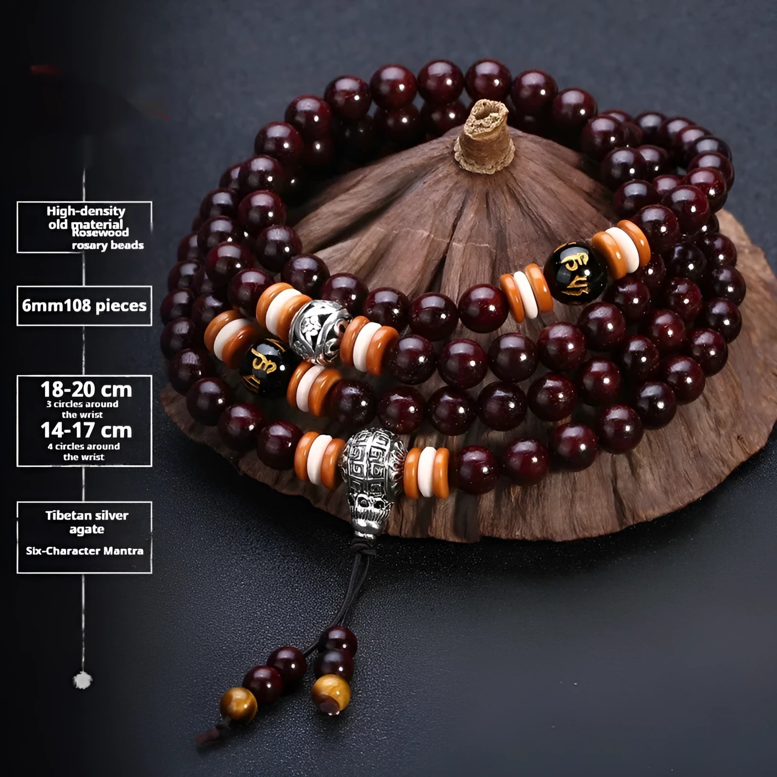 Men's traditional rosewood bracelet with 108 beads, showing lapis lazuli and turquoise accent styles.