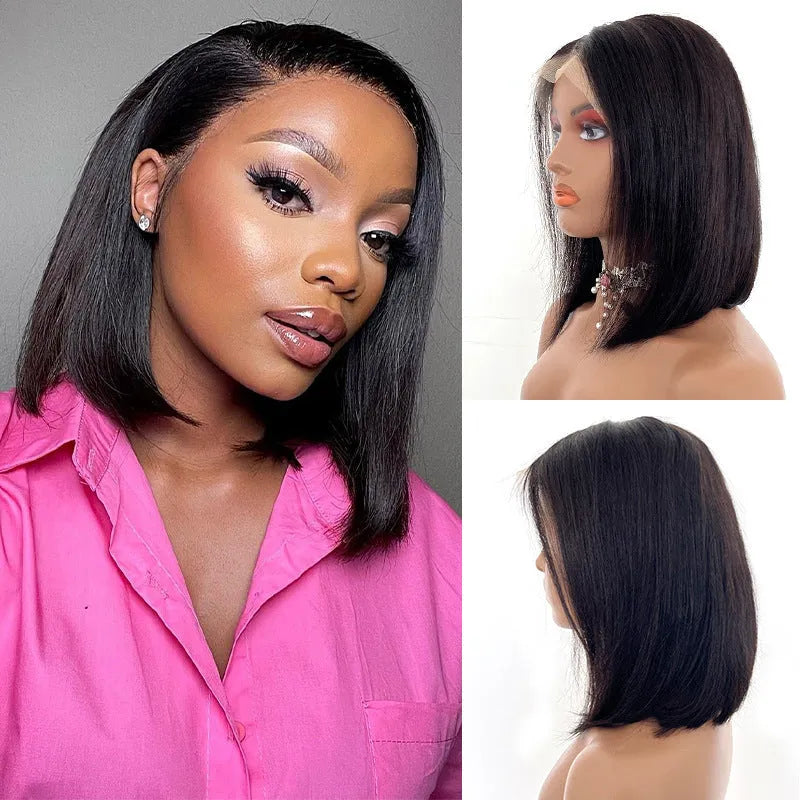 Real human hair silk wig in 1B natural black, 16 inch length, on stand
