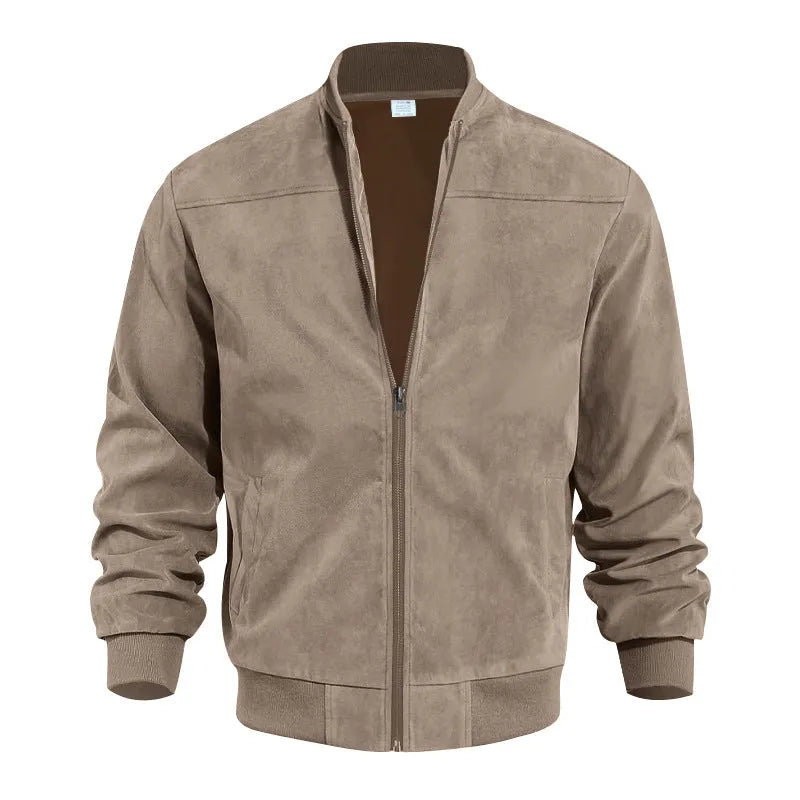 Men's casual retro long sleeve cardigan jacket in army green colour made from suede fabric with round hem