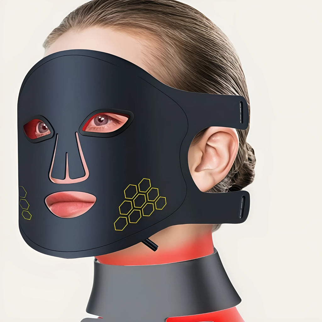 Black four-colour LED photon skincare mask for neck and face light therapy treatment.