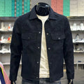 Men's black suede jacket with casual collar, single-breasted front, solid colour, printed finish