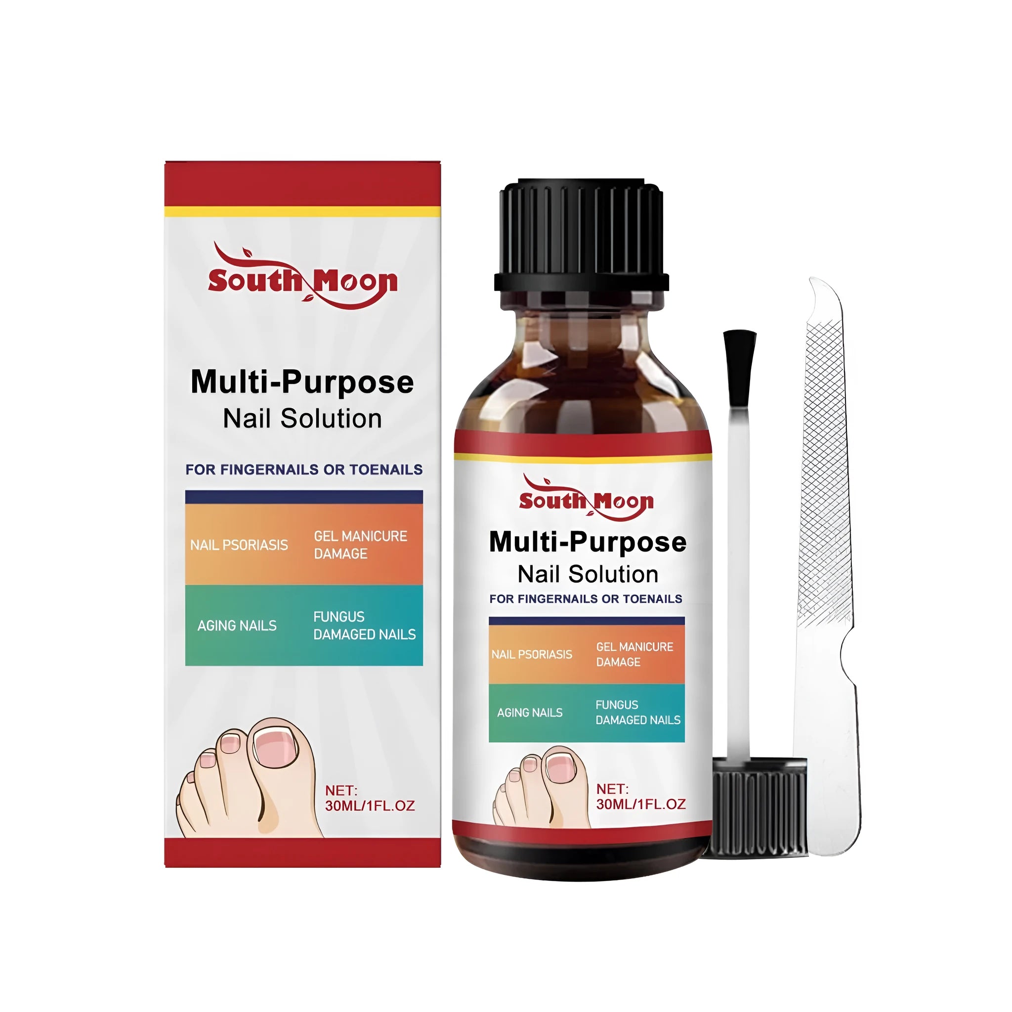 30ml bottle of nail care solution with tea tree oil and white willow bark alongside a nail file.