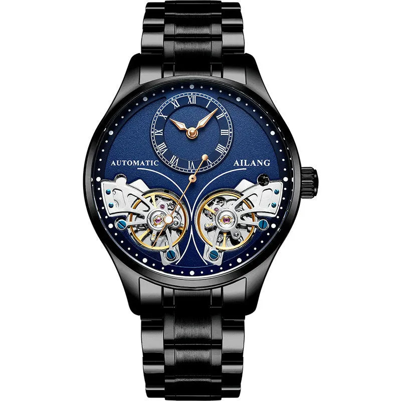 Seiko automatic men's watch with tourbillon and moon phase on black dial in titanium case.
