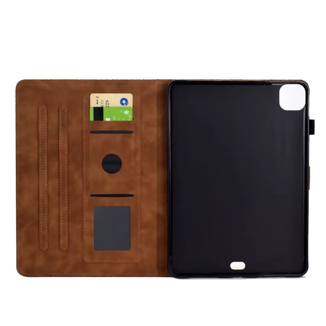 iPad Pro 11 leather case with card holder in diamond embossed green pattern, showing stand function.