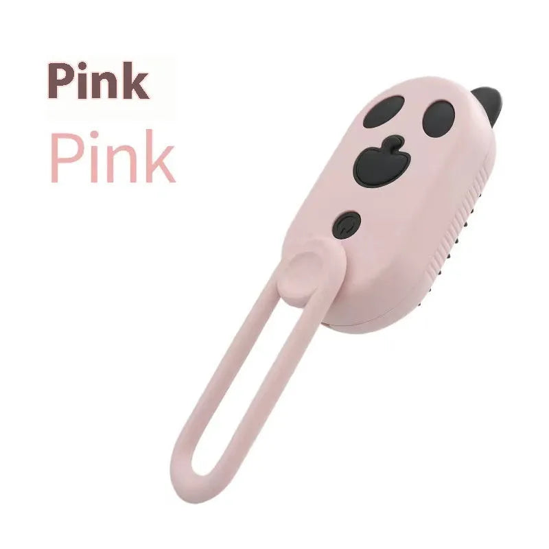 Avocado green handheld pet spray massage brush with rotating bristle head and bottle of essence.