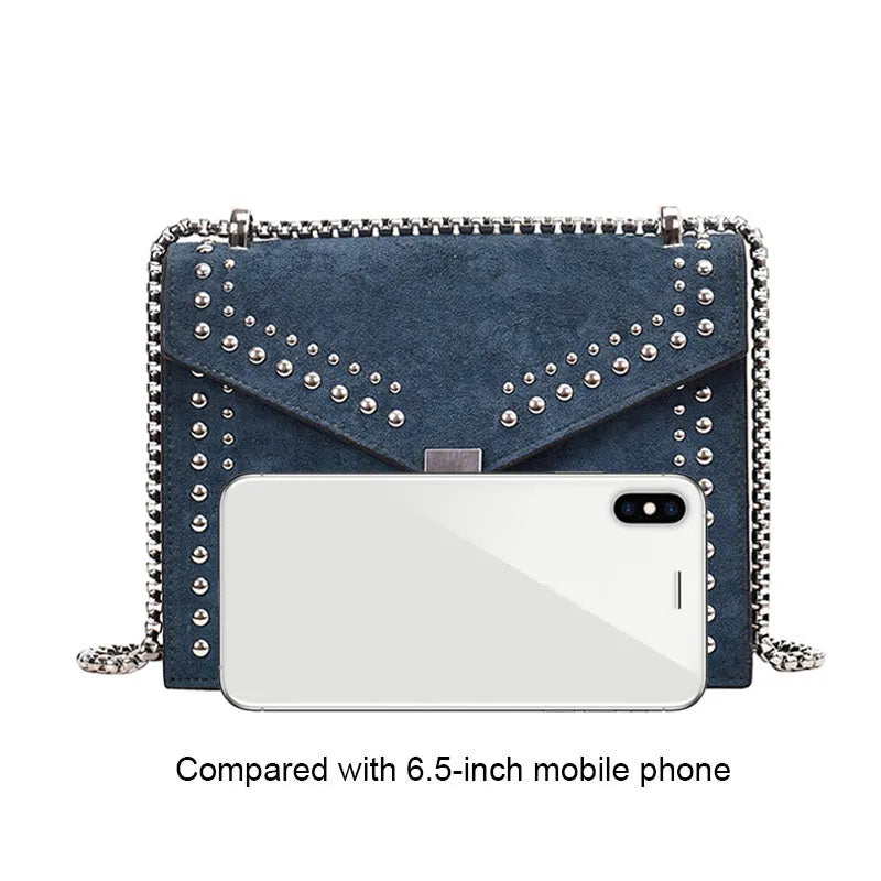 Small PU shoulder messenger bag for women with lock detail, chains, and rivet decoration on a soft flap.