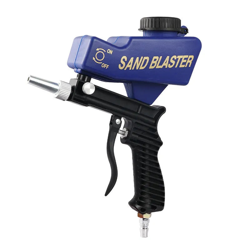Portable blue pneumatic sandblasting gun with upper tank and nozzle for rust removal and surface cleaning