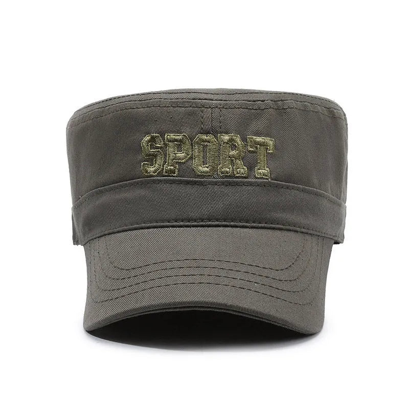 Men's flat-top peaked cotton cap in army green colour with an adjustable strap.