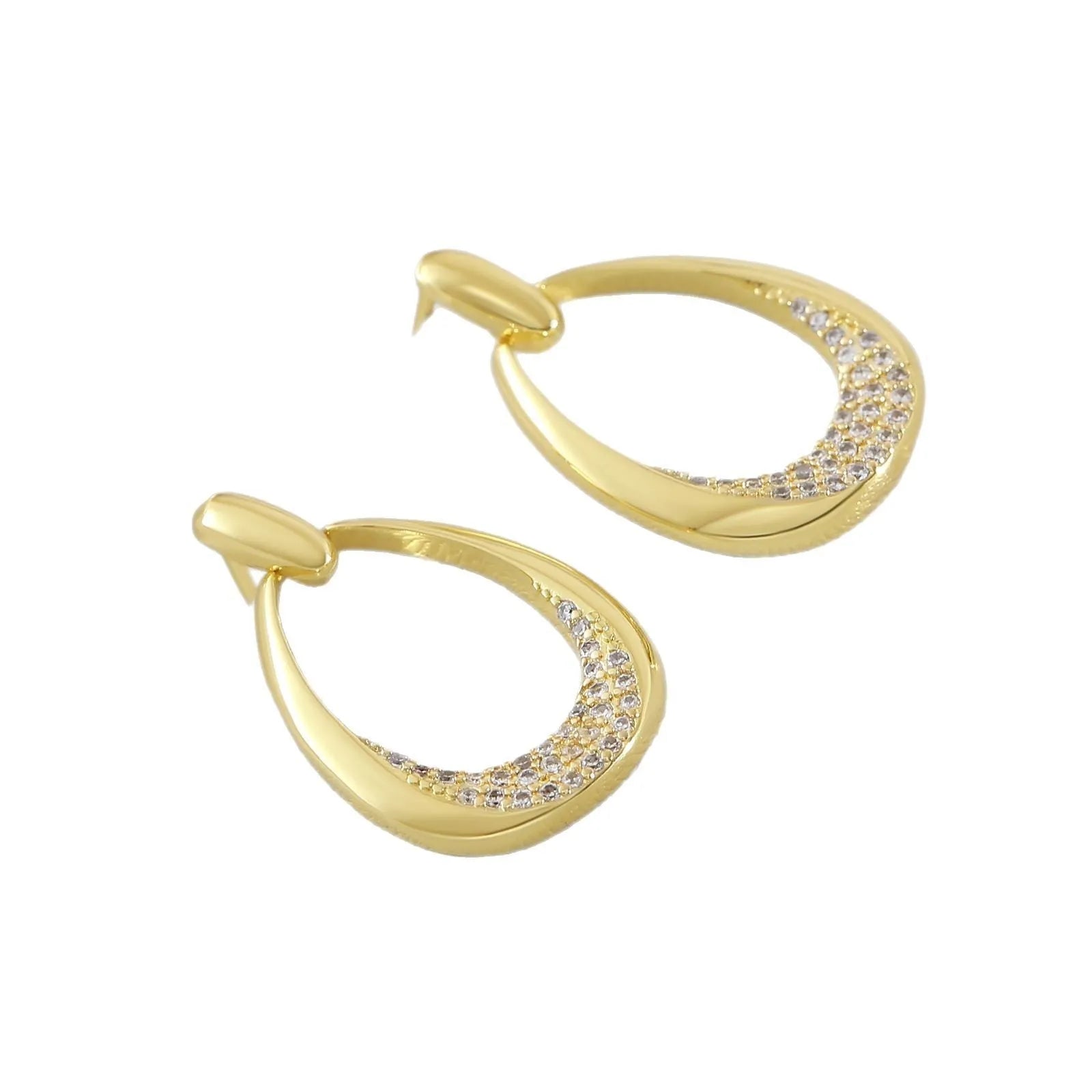 Women's geometric drop earrings with zircon details and yellow gold electroplated finish measuring 2.6 by 1.7 cm