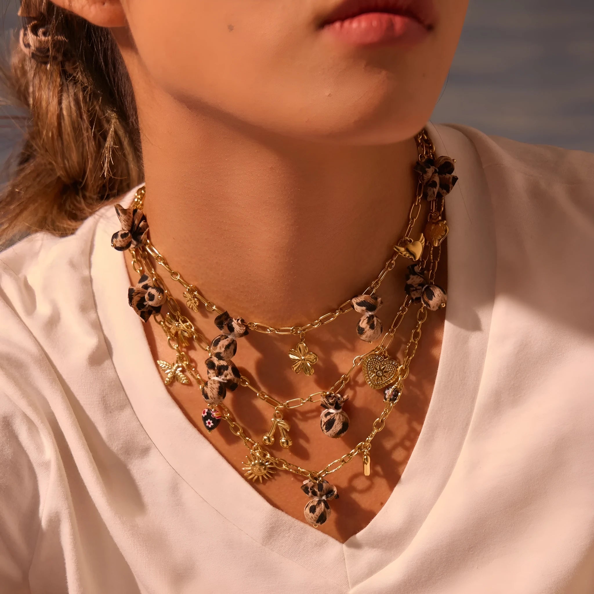 Gold plated stainless steel necklace with geometric leopard, love heart, and flowers pendant on a regular chain.