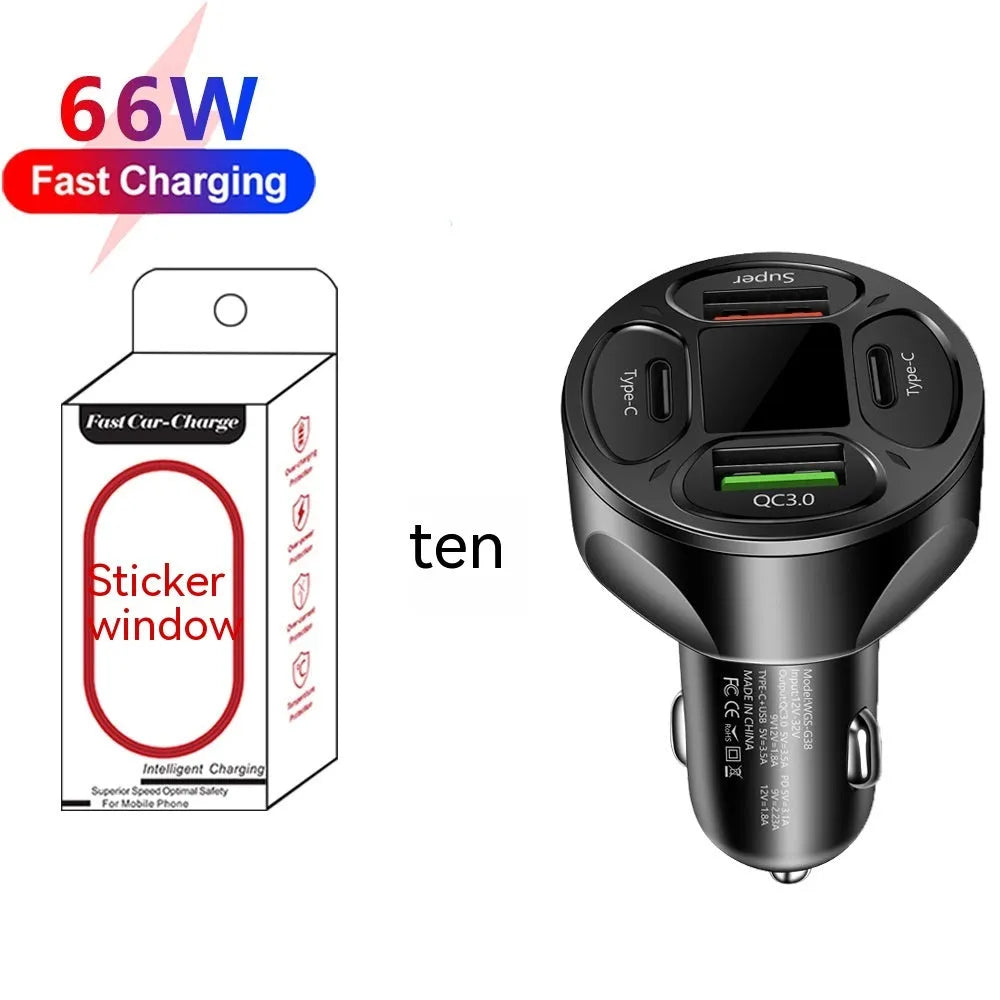 Black digital display car charger with two USB ports and two Type-C ports, showing voltage readout.