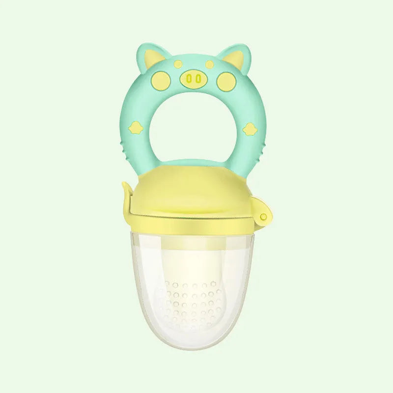 Silicone baby teether chew toy in blue, green, and pink colours showing textured surfaces