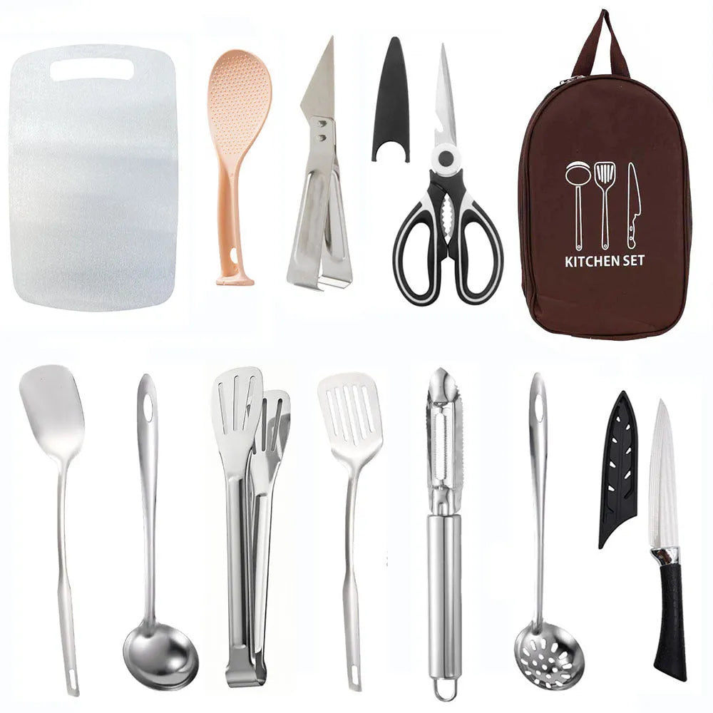 Picnic storage bag containing 12 stainless steel utensils for outdoor meals.