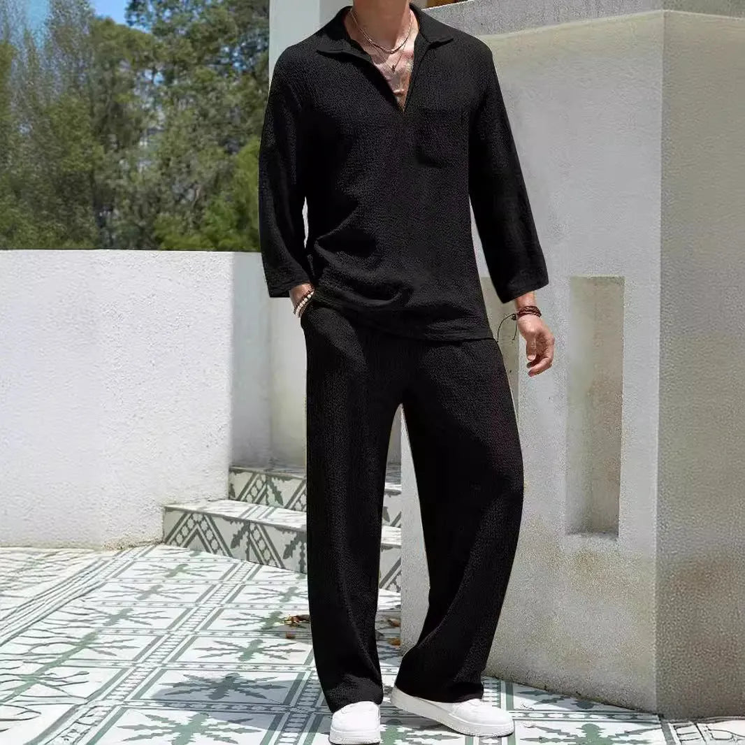 Men's casual polyester shirt trousers suit set in lake blue colour, showing complete two-piece outfit