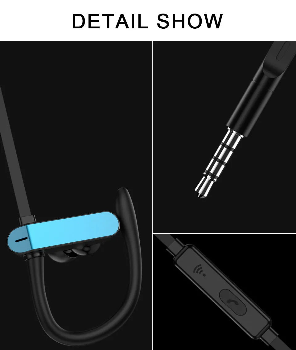 Black and blue sport earphones with over-ear hooks and silicone earbuds, showing the in-line microphone.