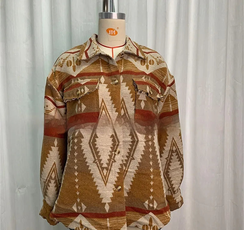 Women's retro Aztec print woolen jacket in loose fit with long sleeves