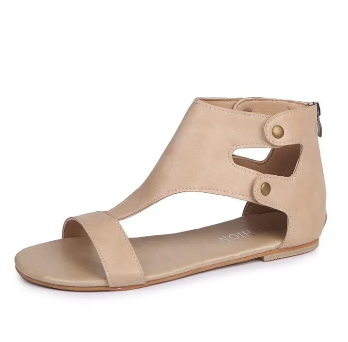 Flat sandals for women, artificial PU upper, round toe, flat heel, available in beige