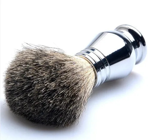 CSB men's shaving set with badger hair brush, chrome razor stand, and zinc alloy soap bowl in black gift box.