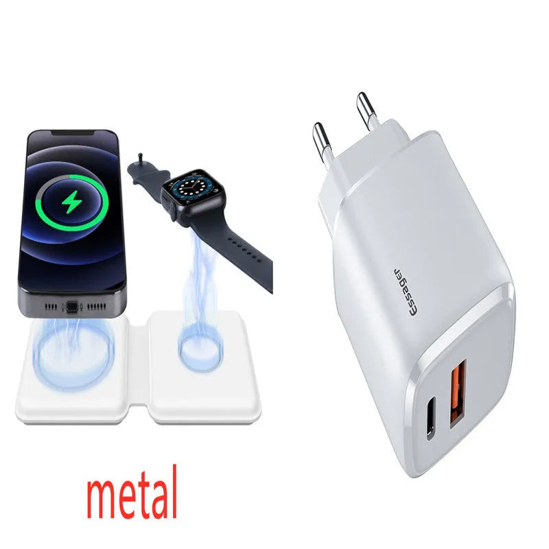 White folding dual magnetic wireless charging dock in stand mode with phone attached