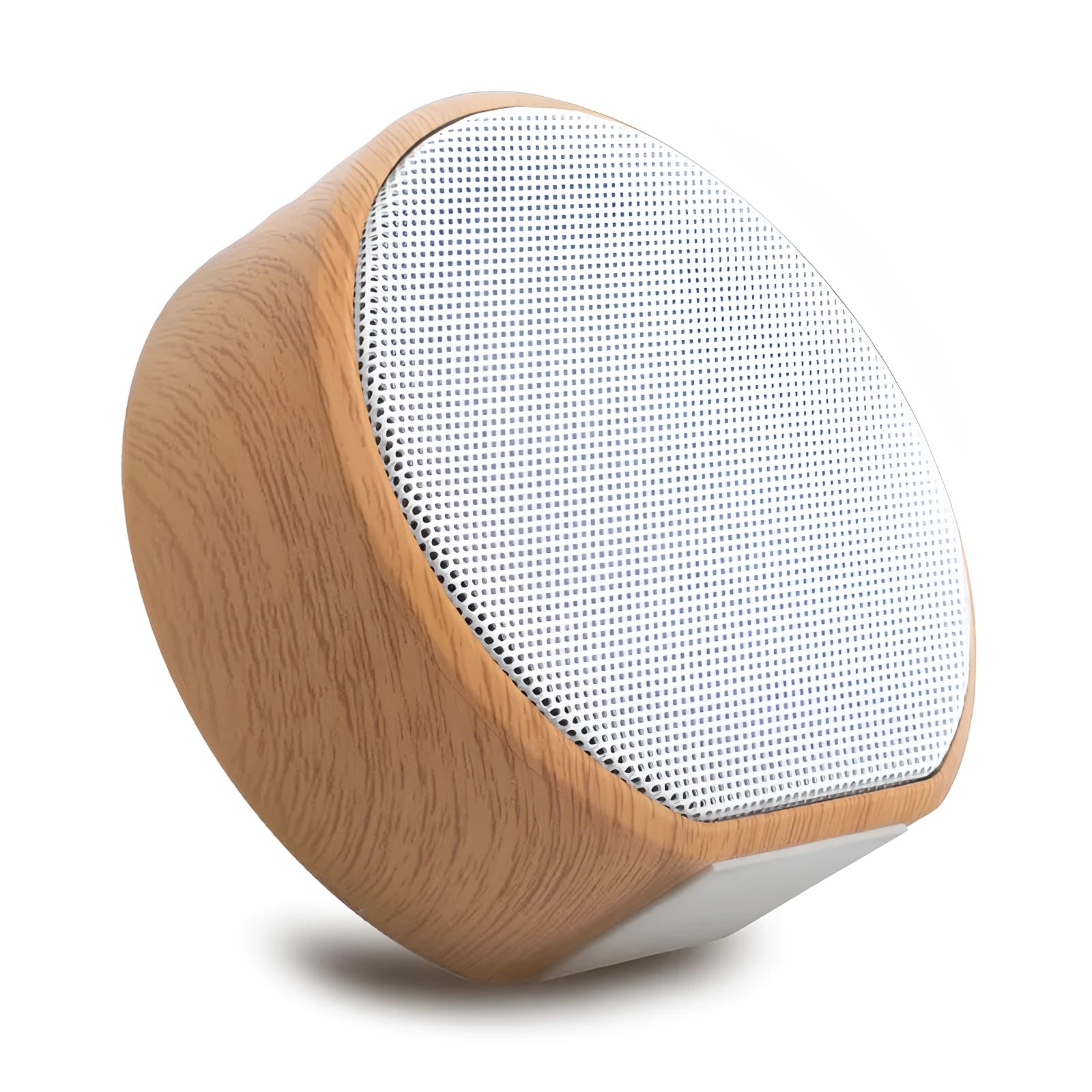 White wood grain Bluetooth speaker on a desk