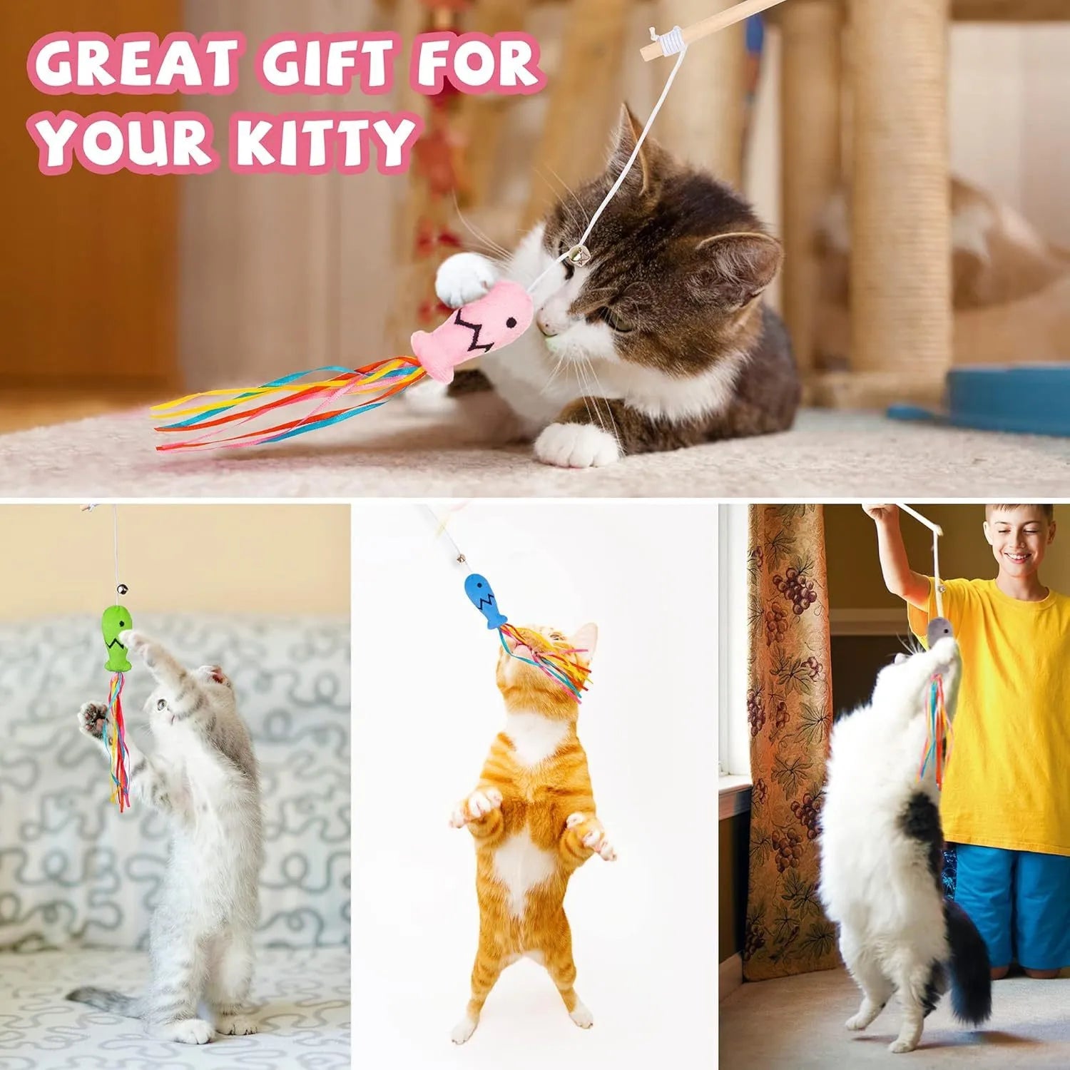 Cat wand toy with wooden handle, colourful ribbons, catnip fish and bell for indoor cat play