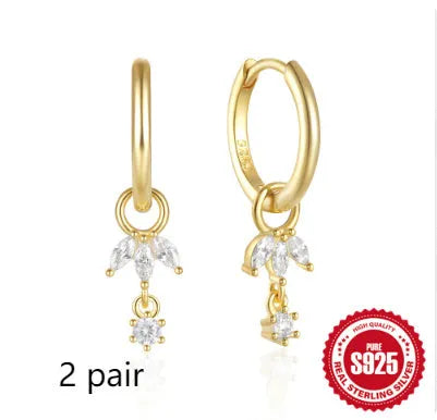 Sterling silver geometric earrings with sunflower design and zircon inlay in golden colour