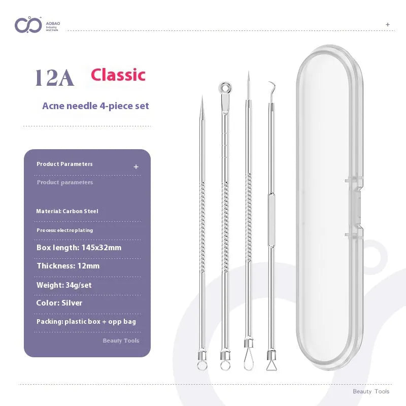 Four silver metal acne needles with fine pointed tips laid out on a flat surface.