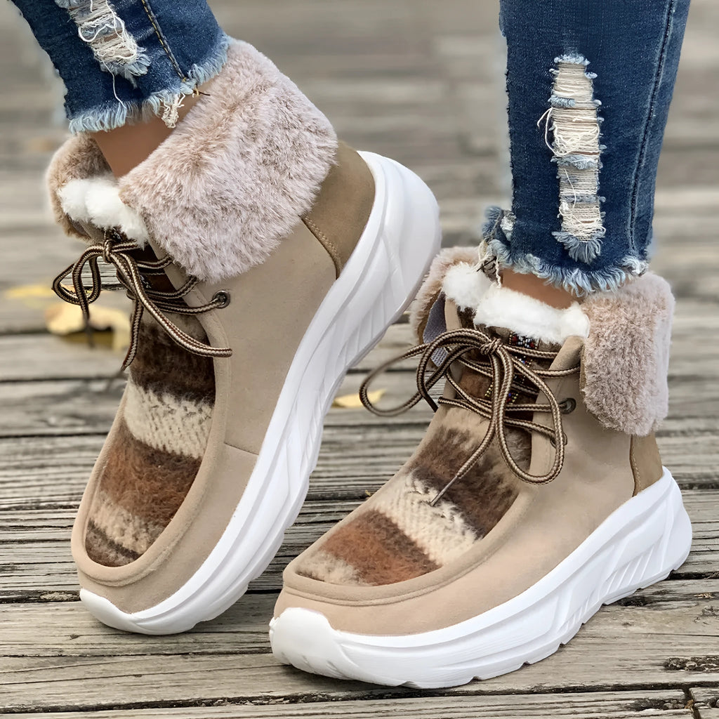 Women's lace-up snow boots in beige with thermal plush lining and rubber soles