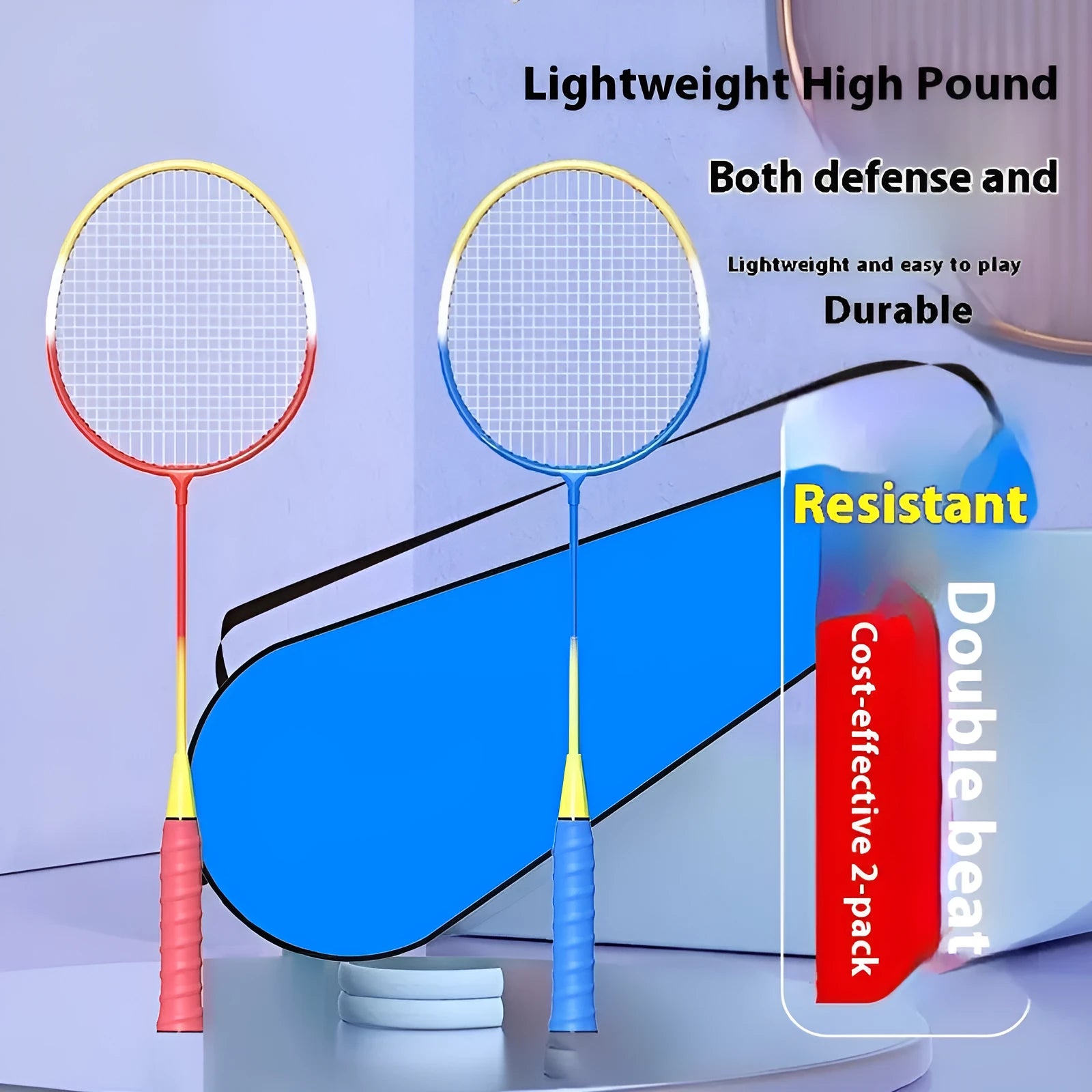 Blue and red ultra-light alloy split badminton rackets shown as a full pair.